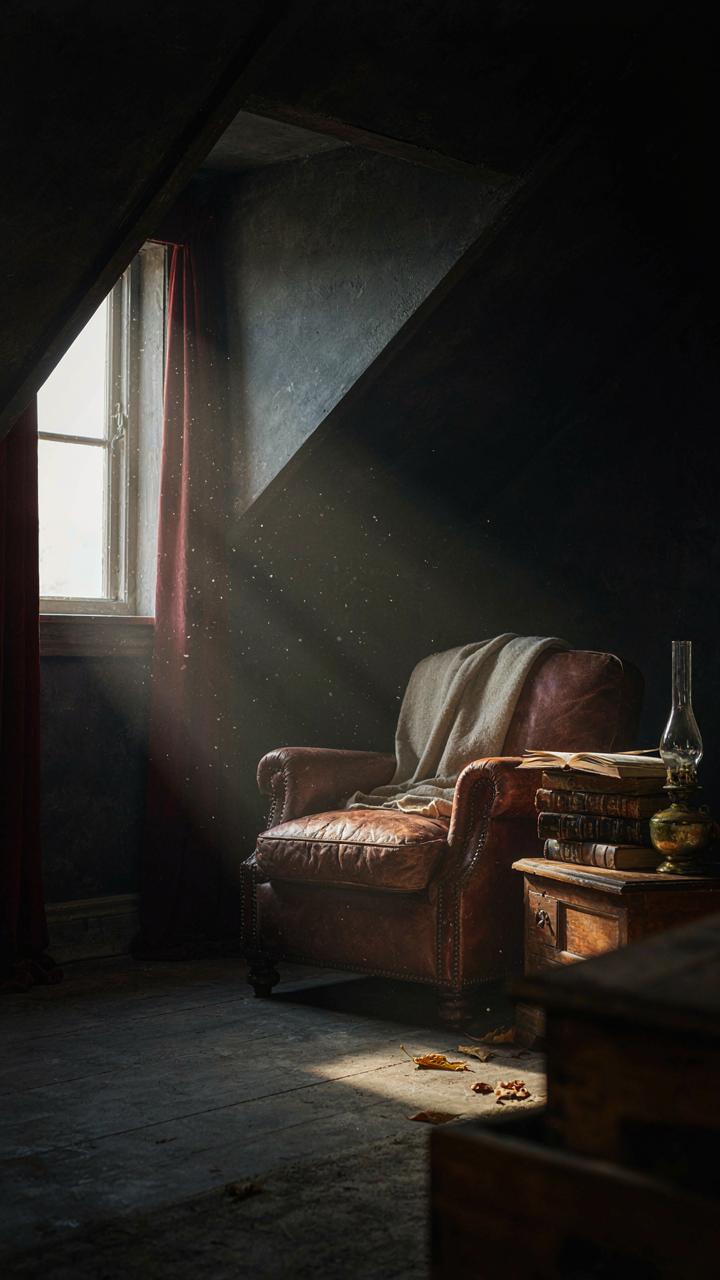 A single strong light beam cuts through a dark, dusty room.
