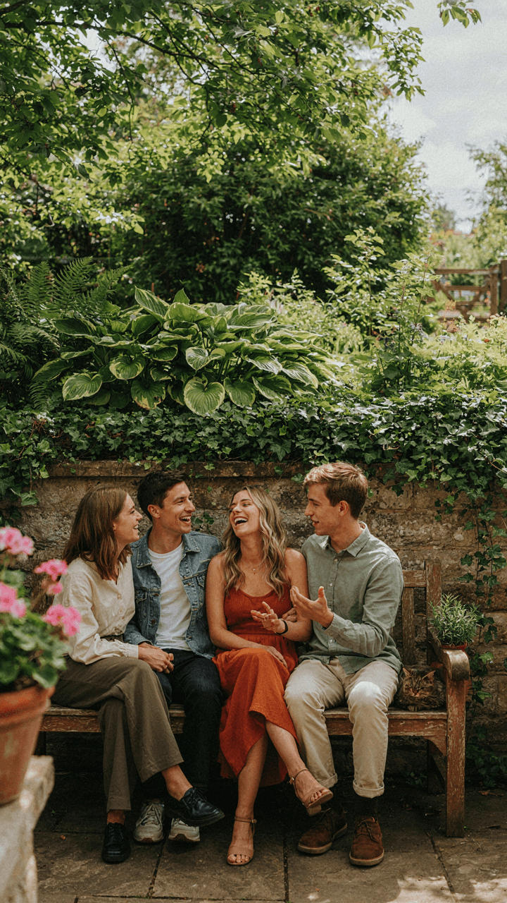 Friends chat comfortably in a sheltered garden bench corner surrounded by plants.