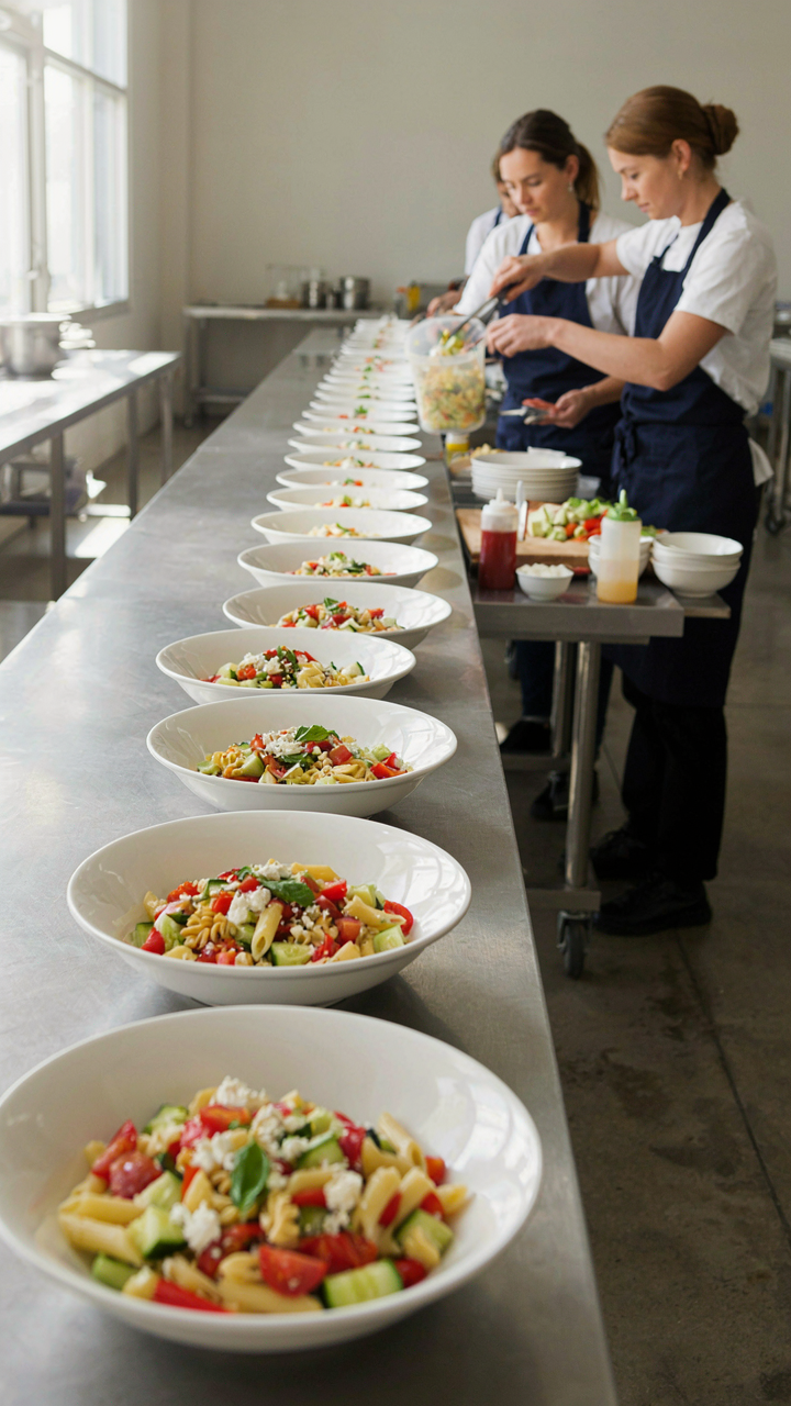 Many large bowls are being filled with pasta salad on an assembly line.