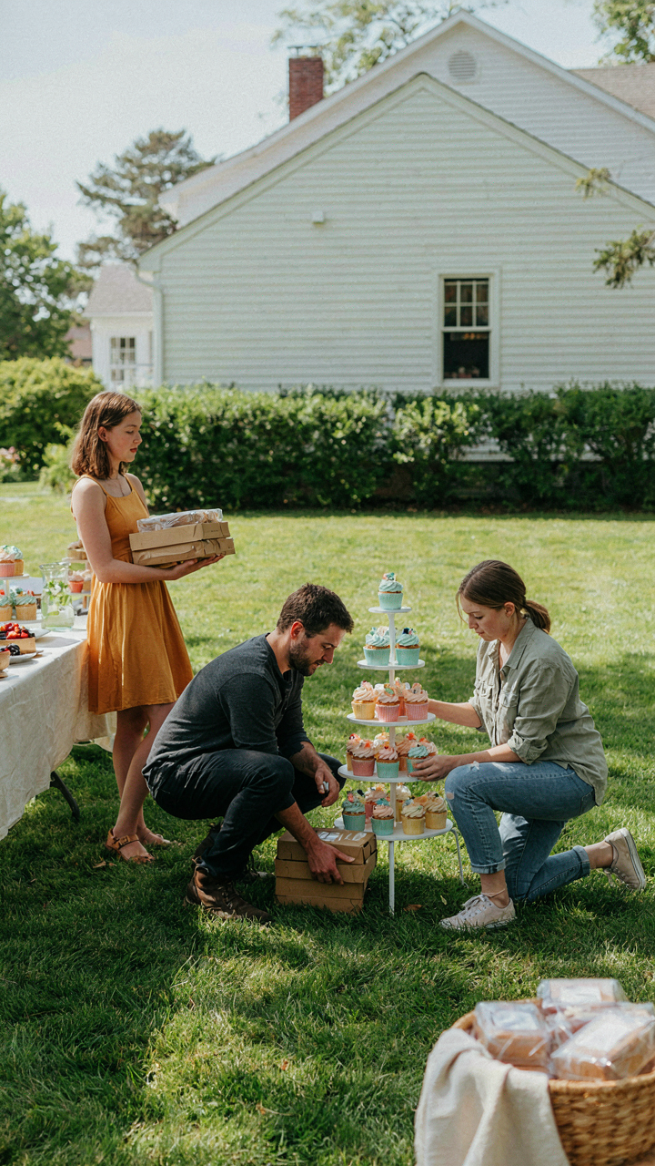 A team quickly sets up an outdoor cupcake display on a green lawn.