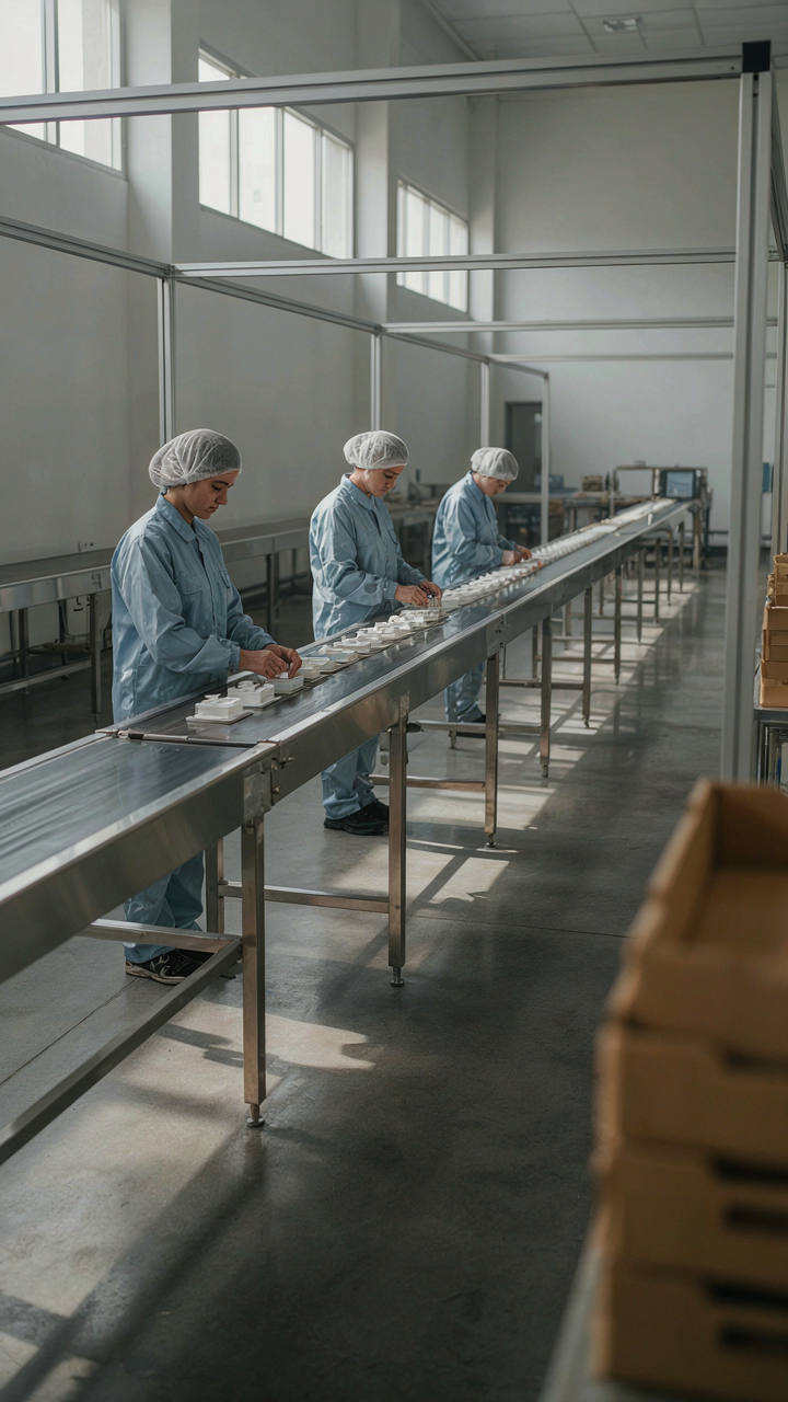 An orderly factory assembly line with items moving on a conveyor belt.