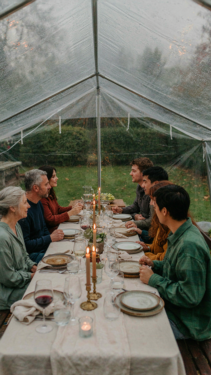 A long dinner table inside a clear tent, protected from light rain.