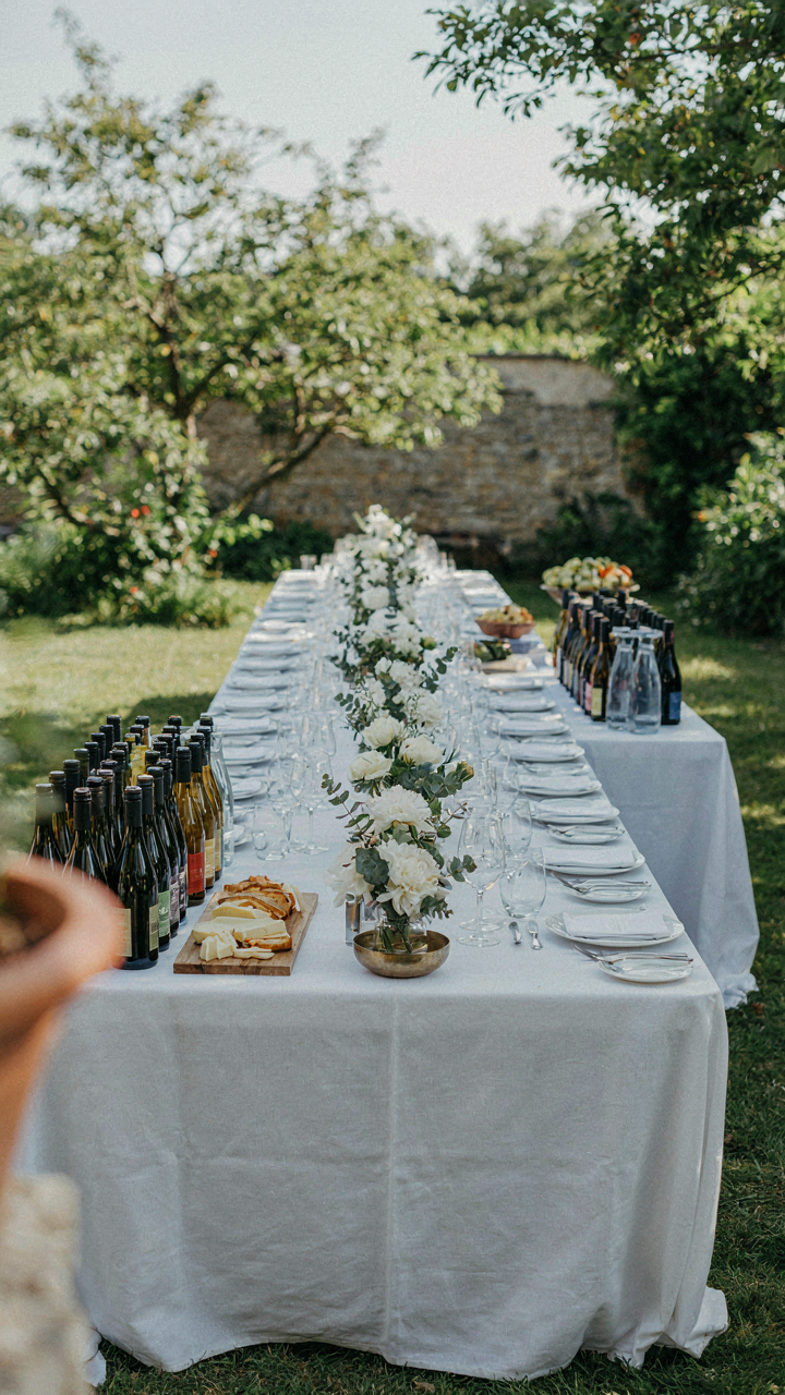 A long outdoor table for 20 people with organized service stations.