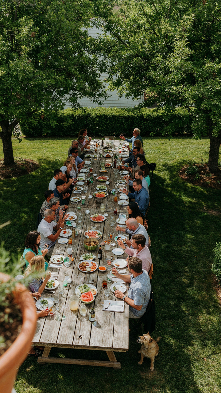 An L-shaped table full of people talking happily in a backyard.