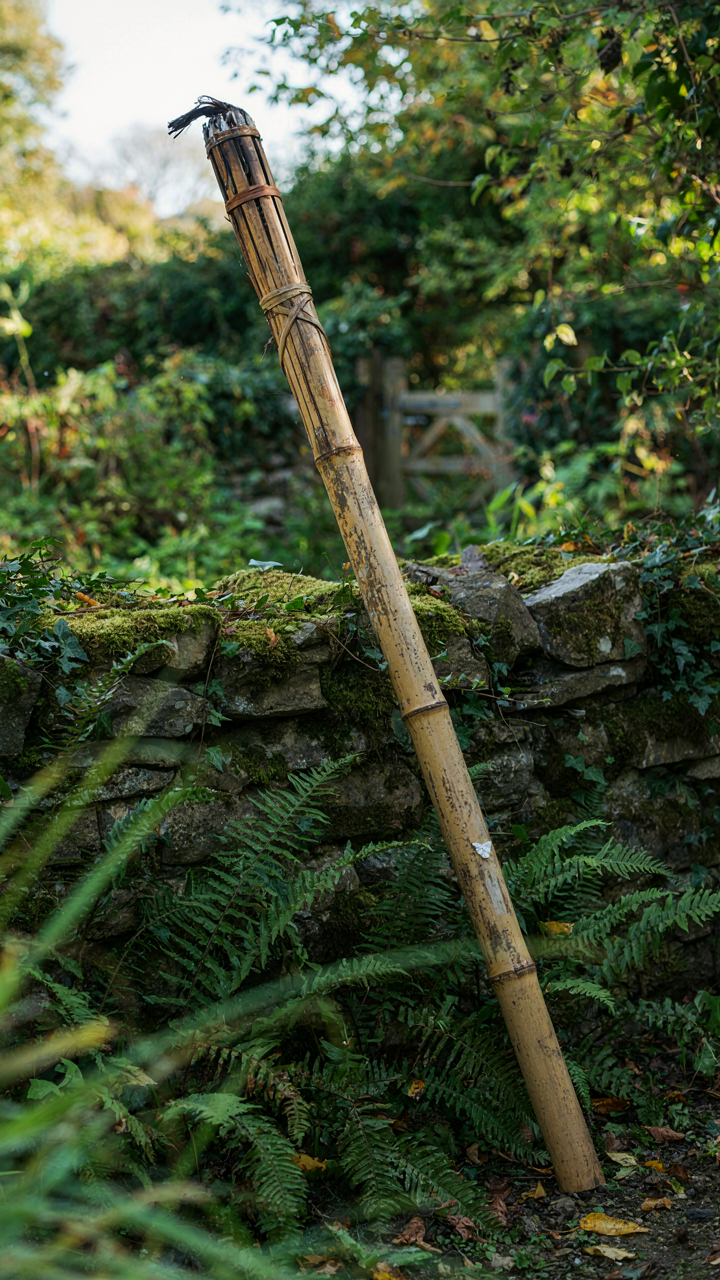 A decaying bamboo torch leans in an overgrown, neglected garden.