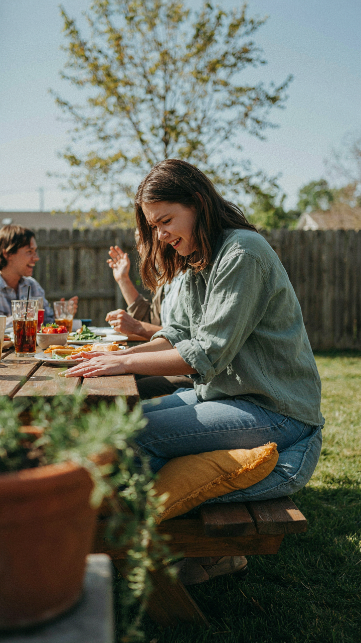 A person hunches uncomfortably over a low picnic table.