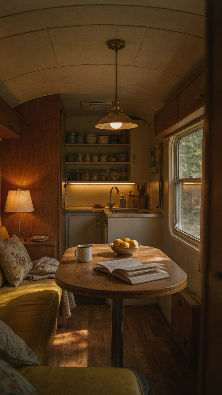 A vintage camper interior with layered lighting from diverse fixtures.