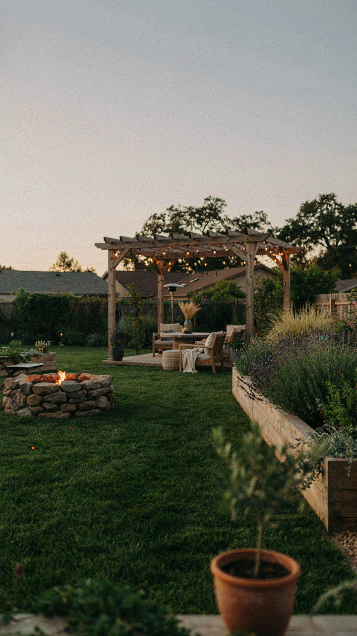 Different lighting layers define distinct zones in a backyard.