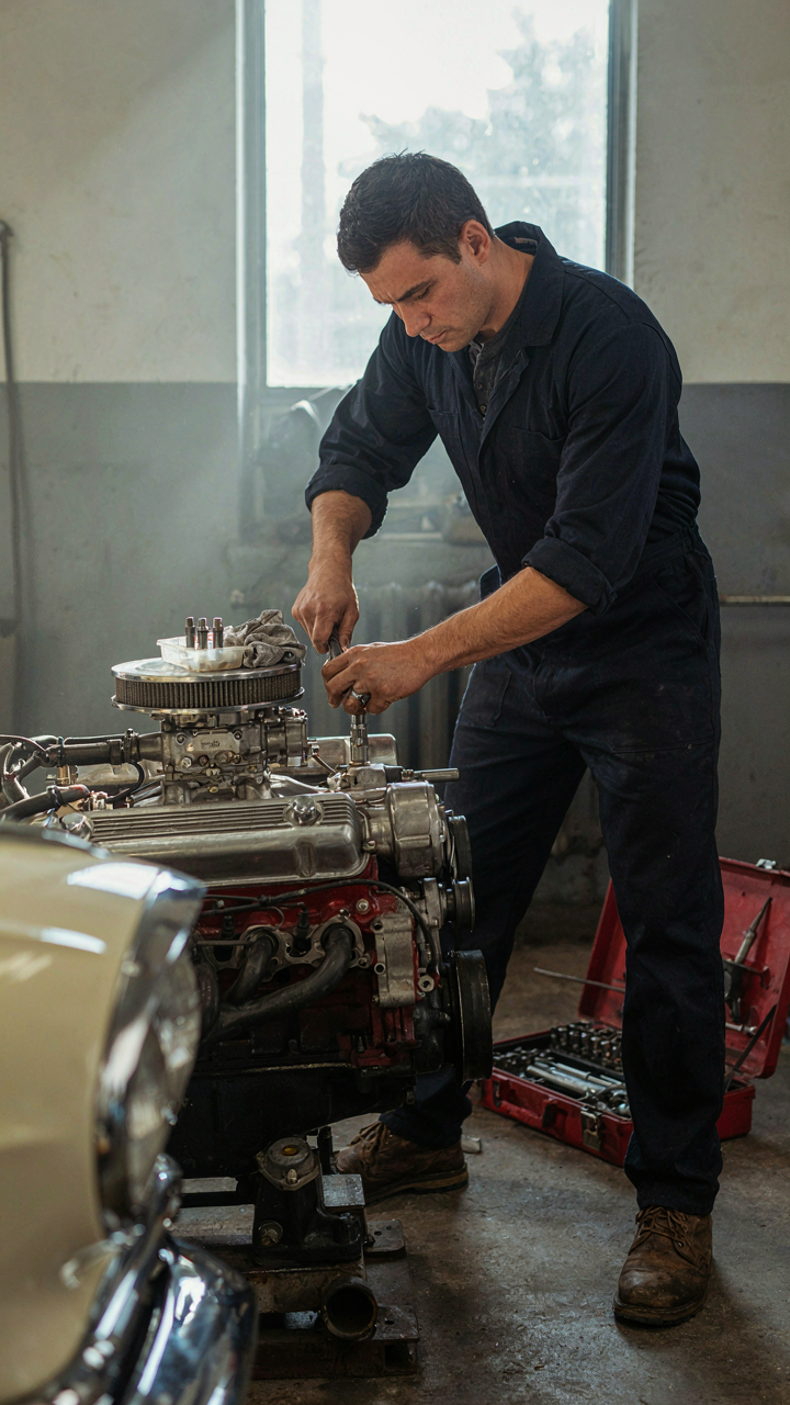 A mechanic tightening a loose bolt on a classic car engine.