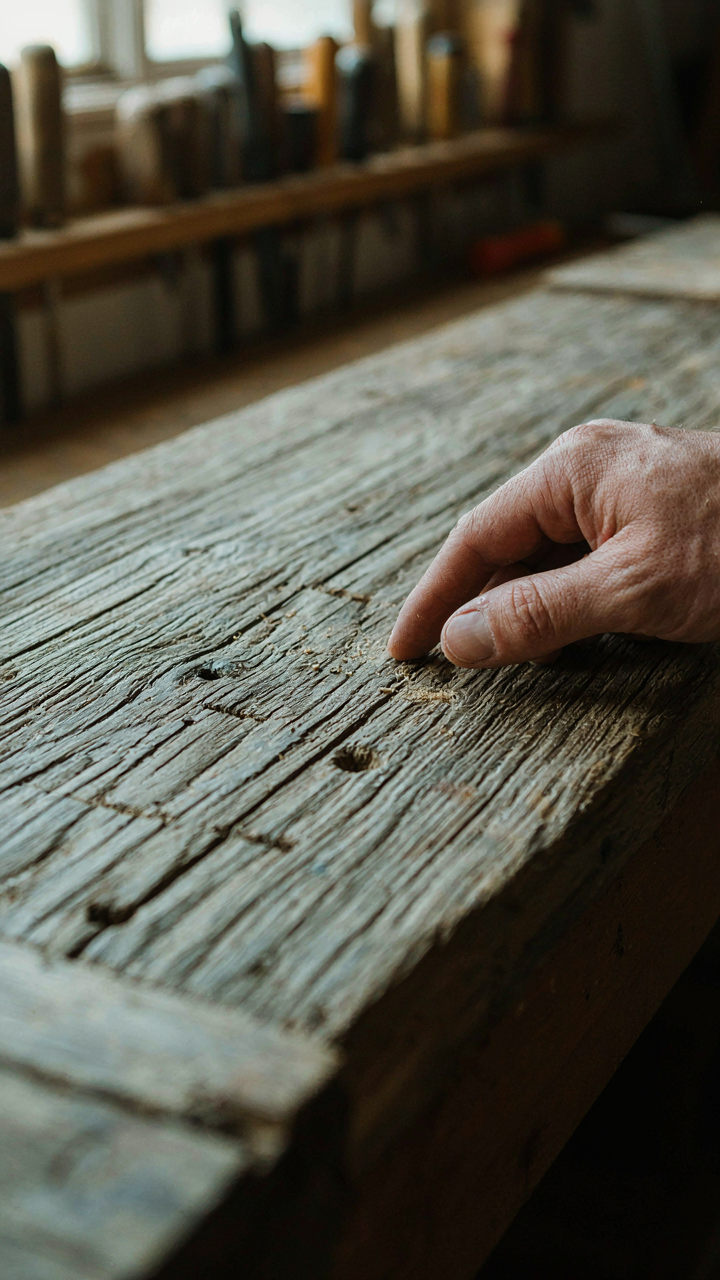 A hand touching a piece of weathered, yet strong, reclaimed wood.