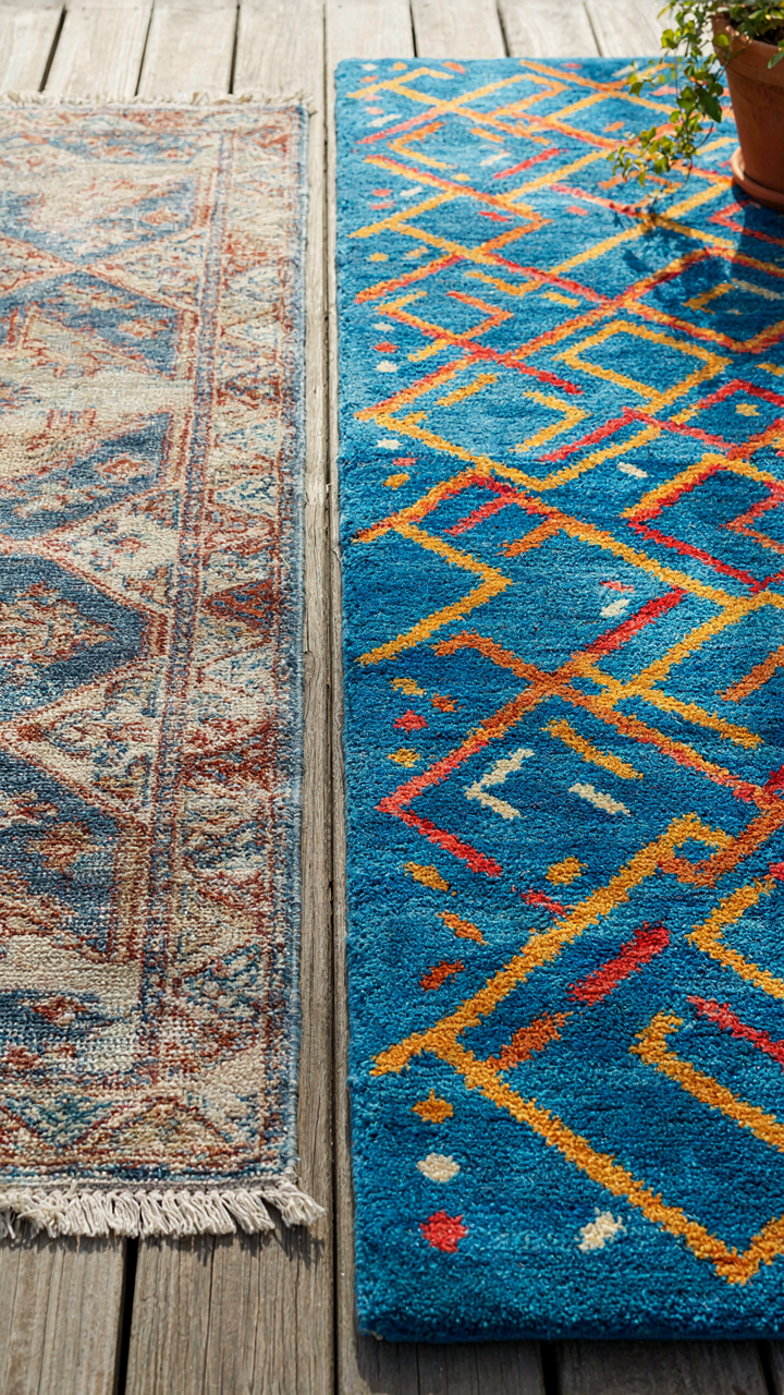 A worn outdoor rug next to a new, vibrant outdoor rug.
