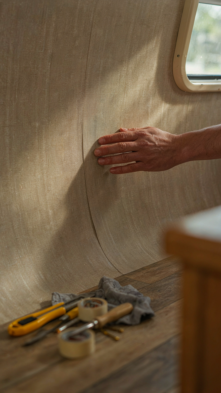 A hand applies luxurious textured wallpaper inside an RV, near tools.