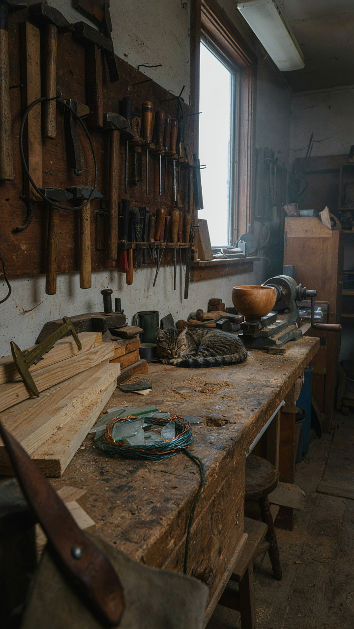 An old workshop shows different natural materials and scraps.