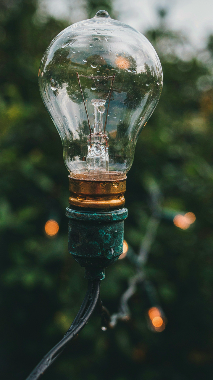 A close-up of a corroded outdoor string light bulb filament with water inside.