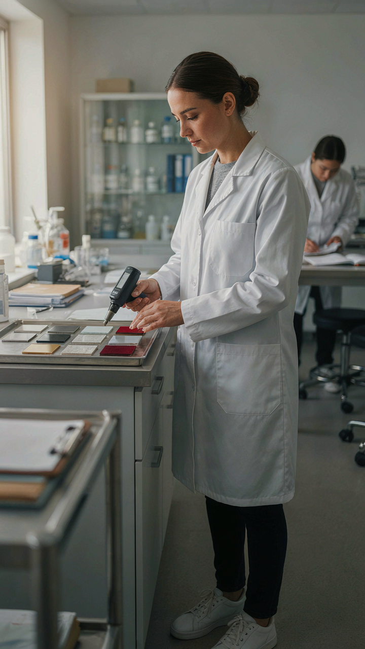 A scientist measuring light reflectance on material samples.