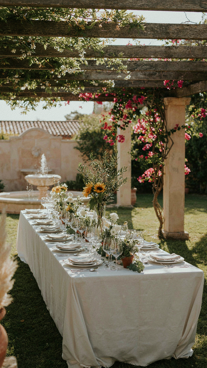 An empty, perfectly decorated Mediterranean garden party table under a pergola.