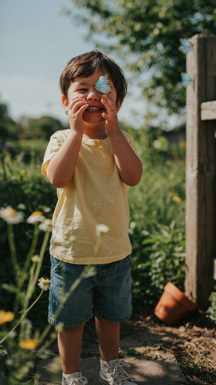 A child laughs with a butterfly on their nose, captured in natural light.