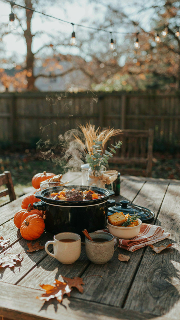 Warm stew steams in an insulated pot on an outdoor dinner table.