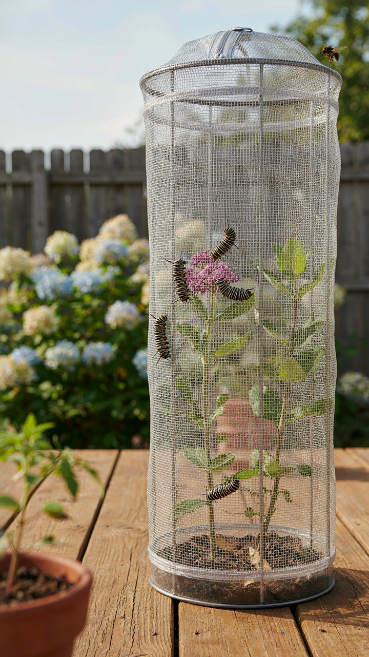 Monarch caterpillars eat milkweed inside a mesh butterfly habitat in a garden.