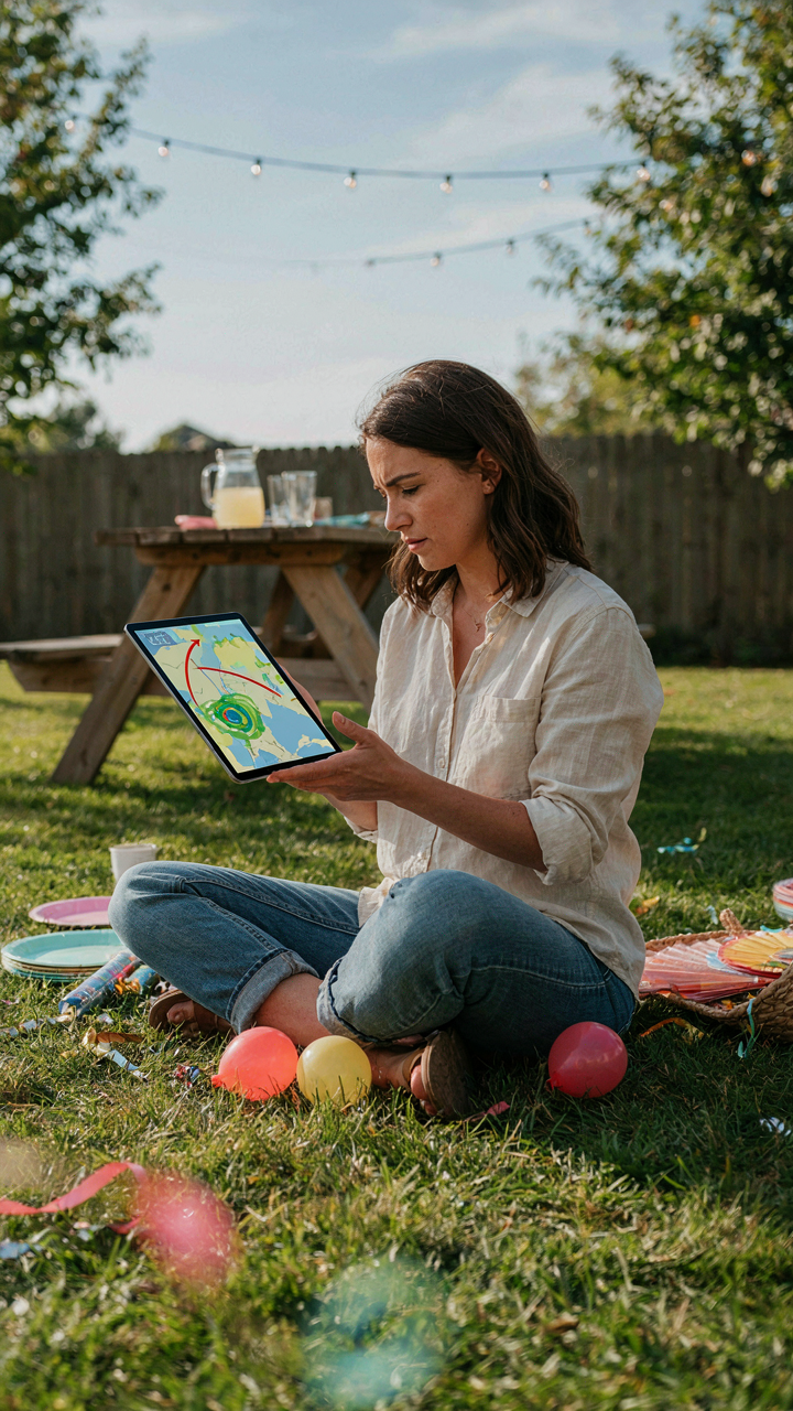 A person looks at a weather map on a tablet, planning a backyard party rain plan.