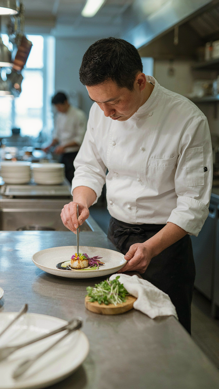 A chef uses tweezers to place microgreens on a plated dish.