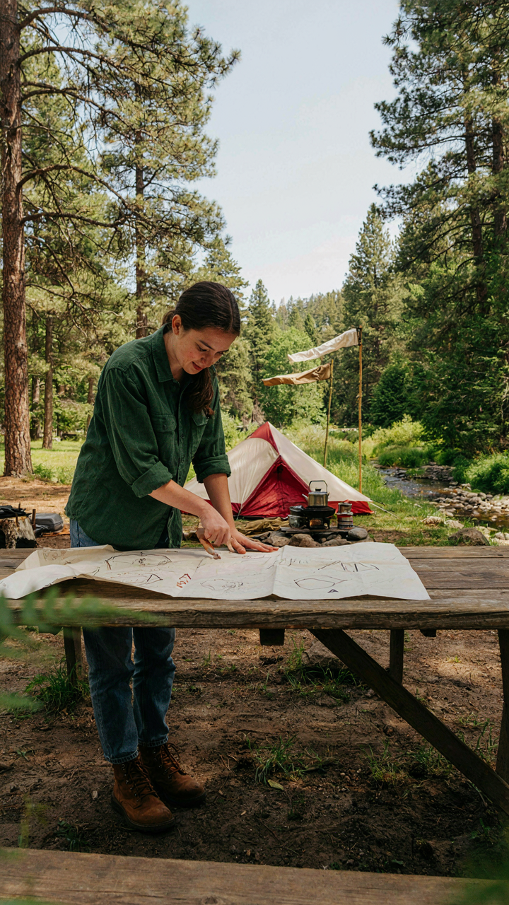 A person plans a camping bug hacks layout, using wind direction to position a tent.