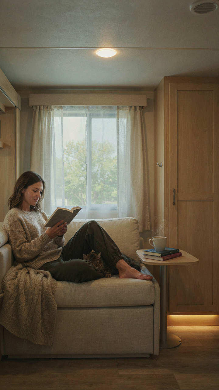 A parent relaxes while children sleep in their RV bunks.