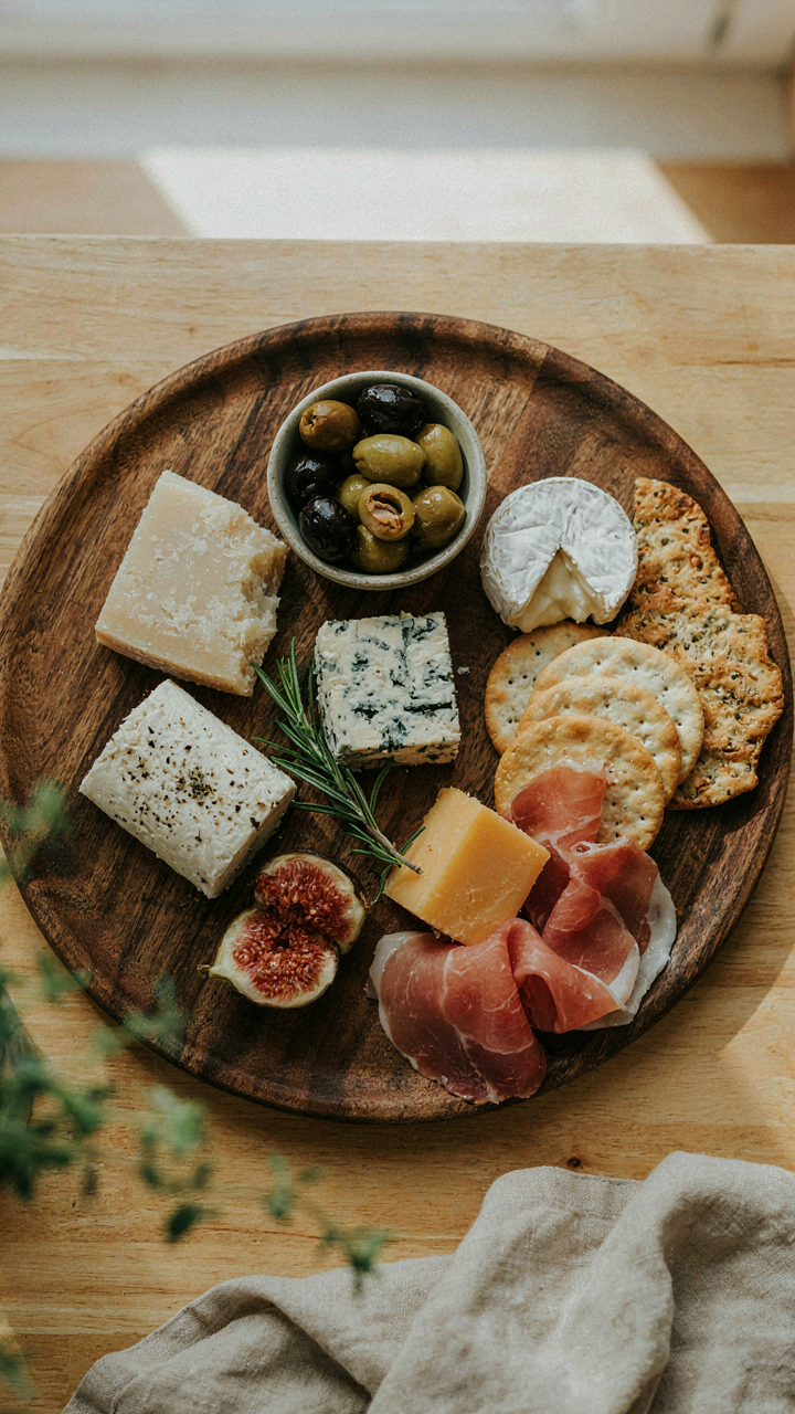 A small charcuterie board has five gourmet cheeses, olives, and crackers.
