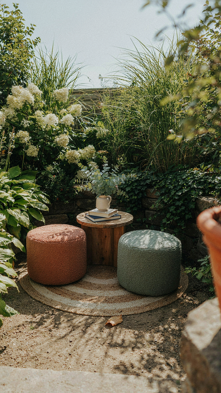 A small circular rug and two poufs define a compact area.