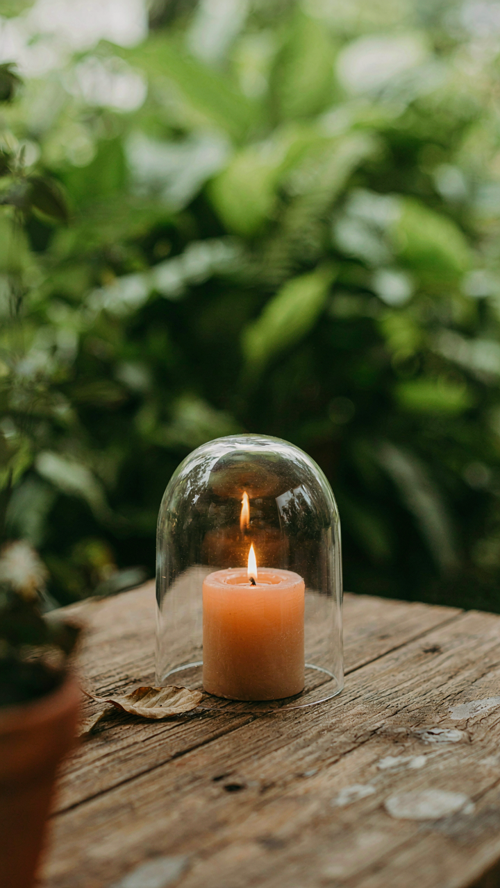 A lit candle under a small clear glass dome on a rustic table.