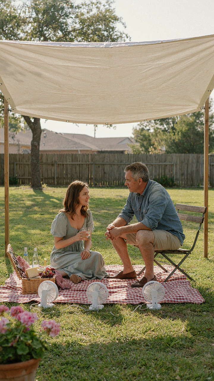 A picnic canopy with fans creating a cool microclimate for guests.