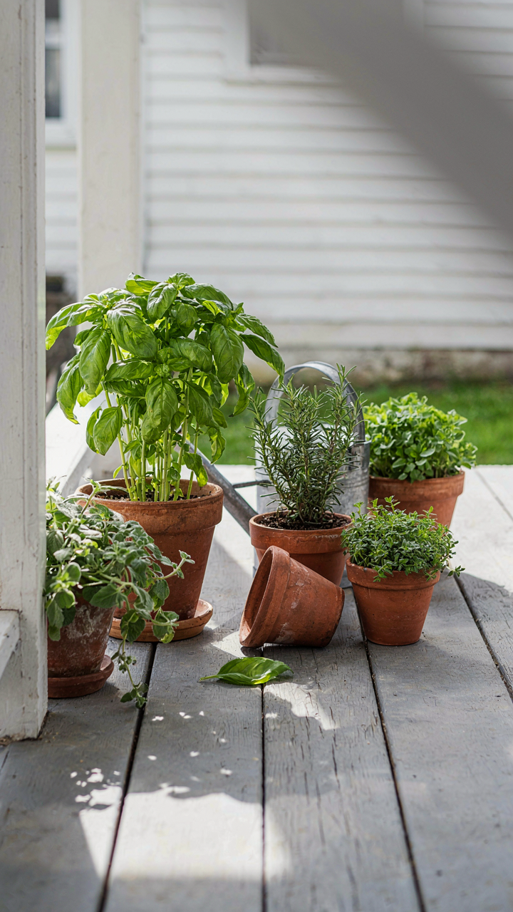 A thriving herb garden on a farmhouse porch, in sun and shade.