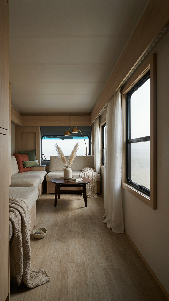 A minimalist and clutter-free RV interior, showcasing simple living.