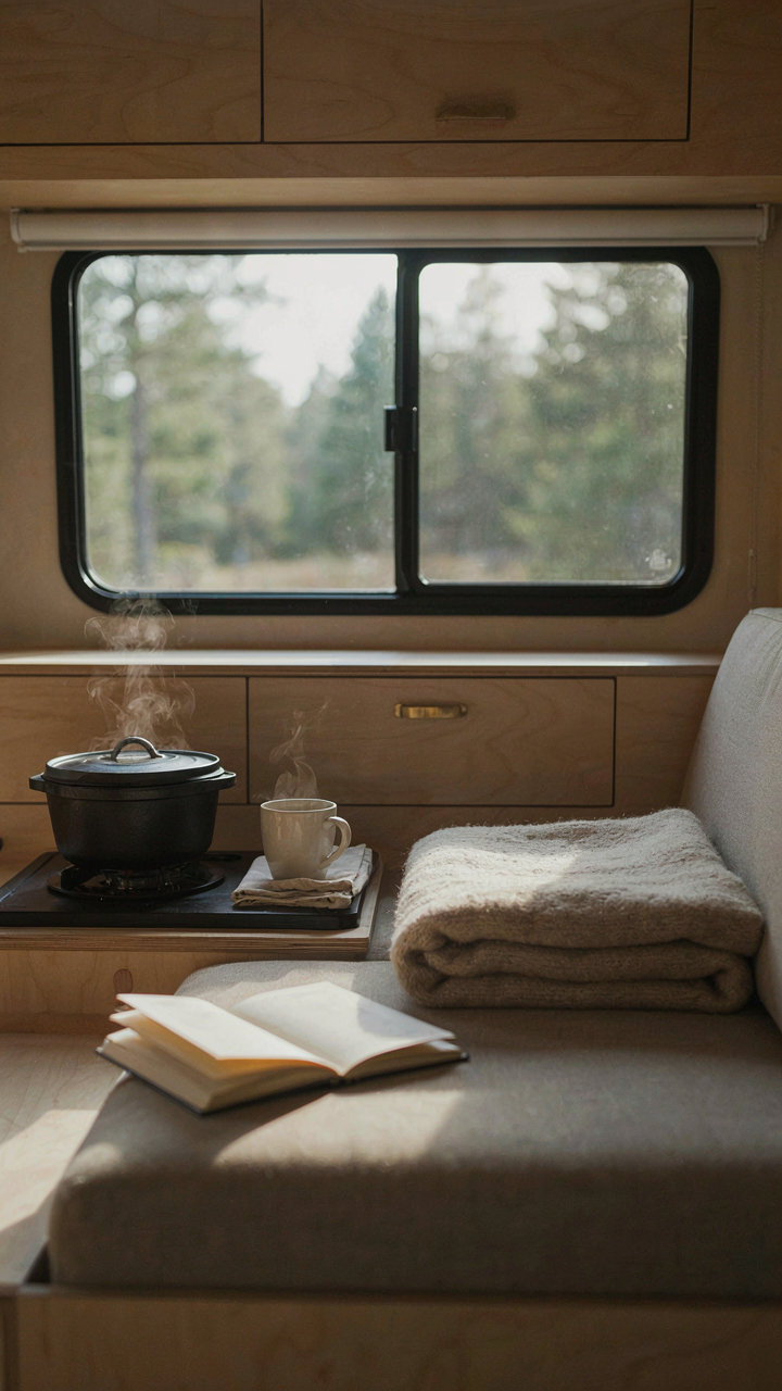 A very sparse and minimalist van interior with only a few essential items.