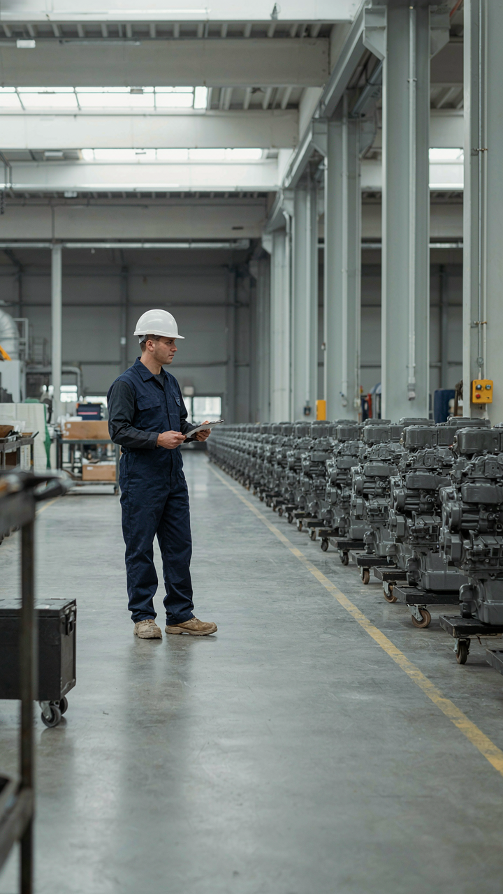 A stark industrial engine factory floor with minimal equipment.