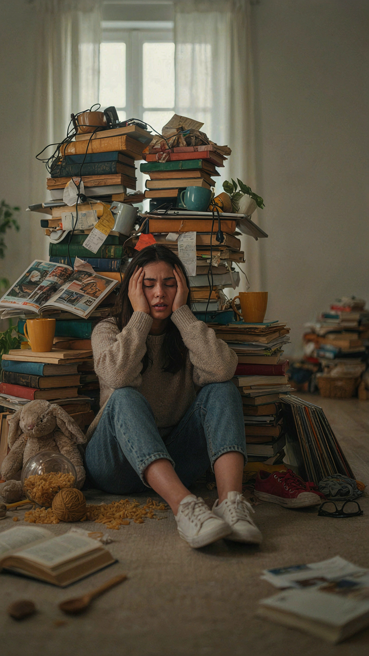 A person looks overwhelmed by a huge pile of many different items.