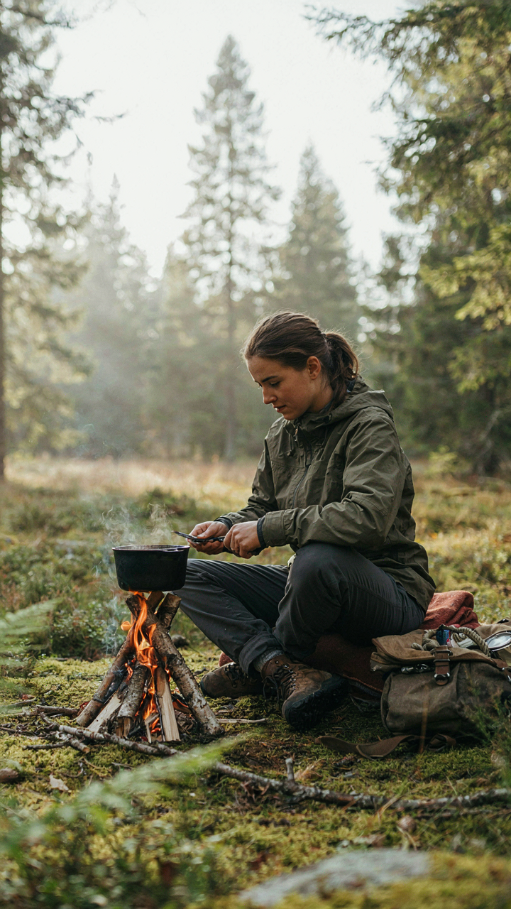 A backpacker using a multi-tool to cook over a small campfire.