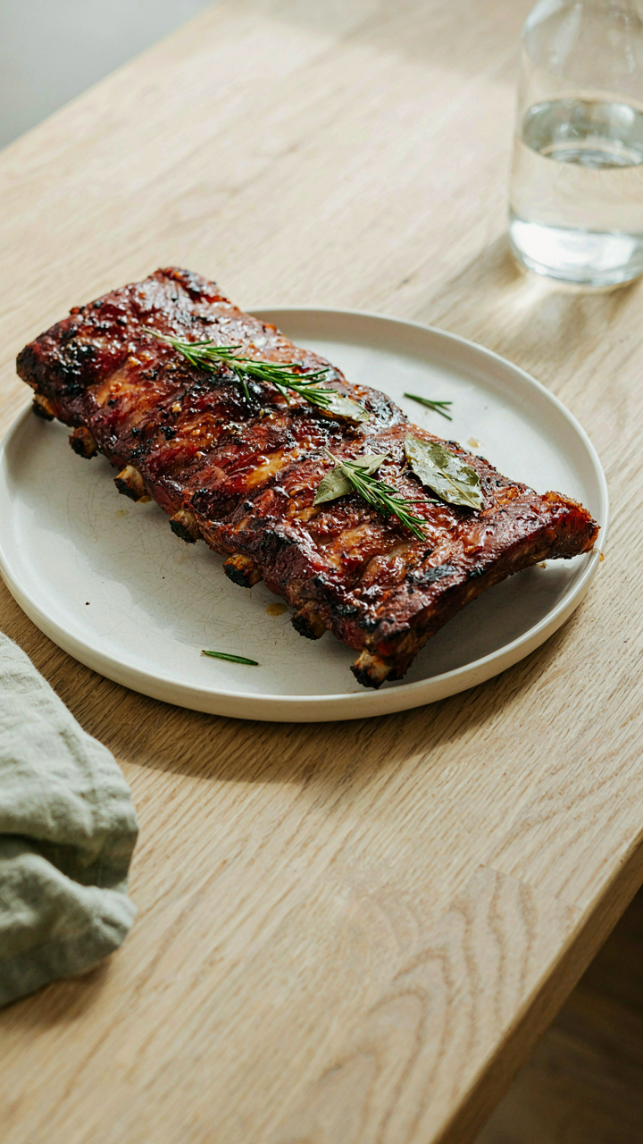 A simple platter with perfectly grilled ribs and fresh herbs.