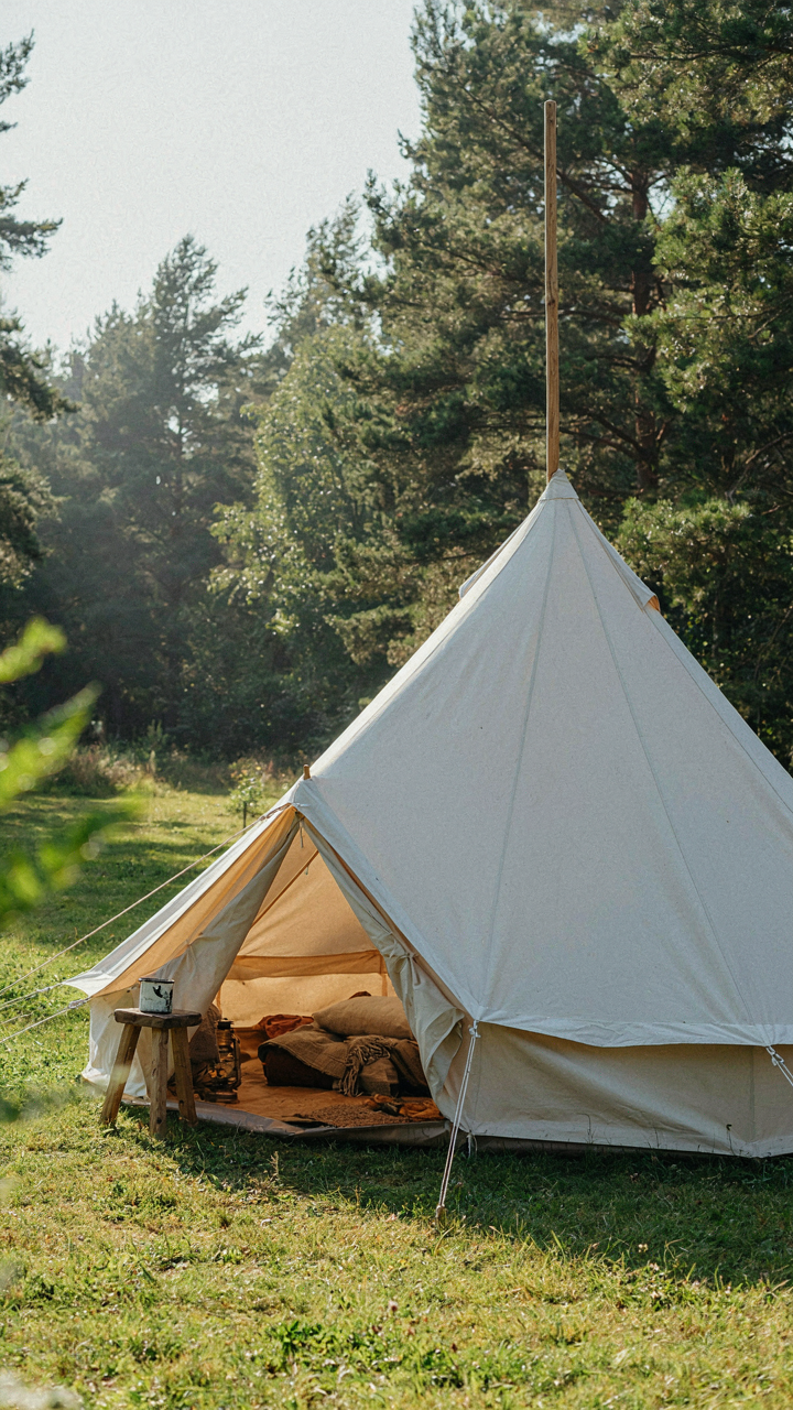 A simple bell tent stands firm with its central support pole visible.