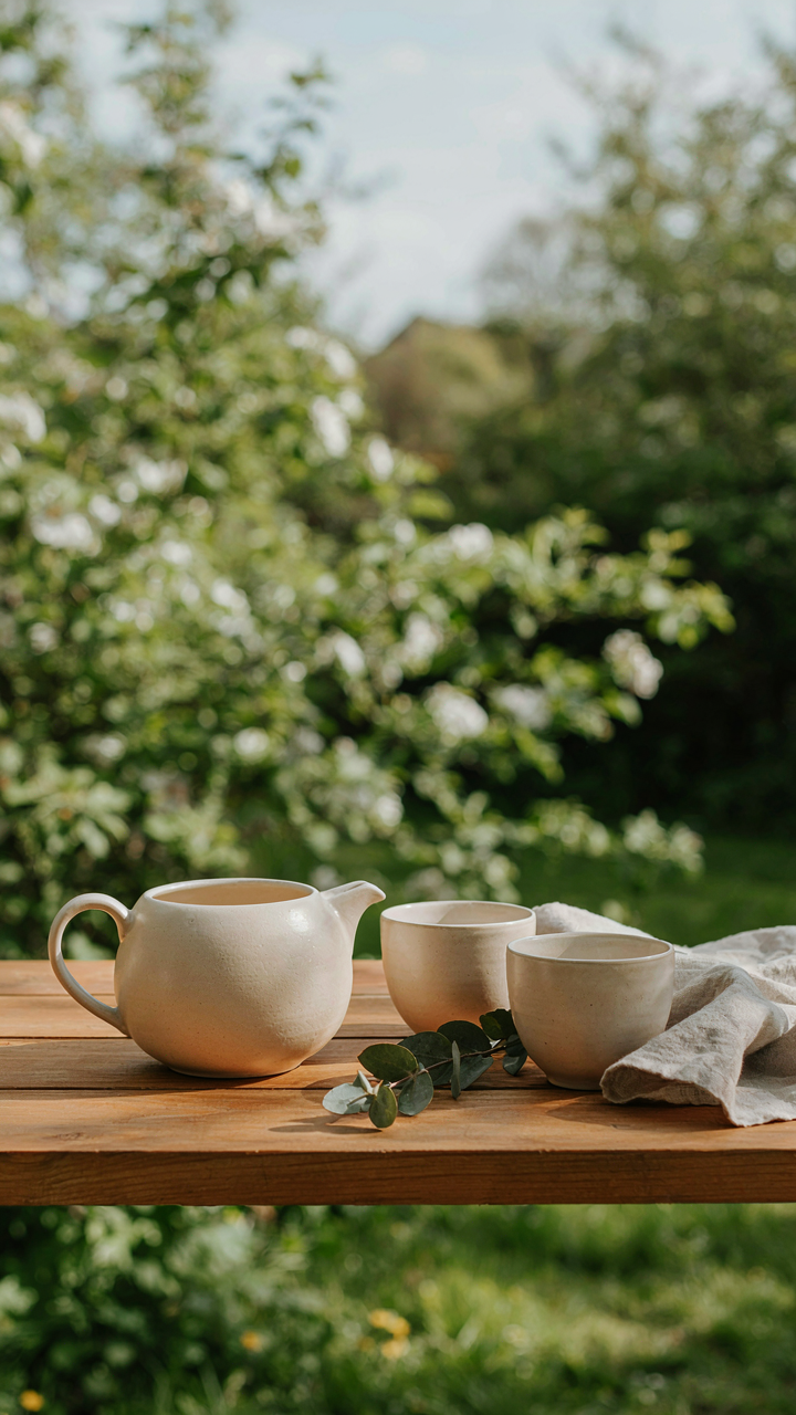 A minimalist tea set sits on a small wooden picnic table.