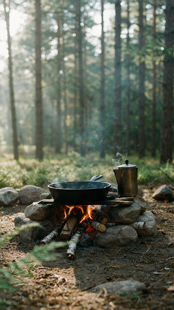 A thick cast iron skillet warms slowly over a low campfire.