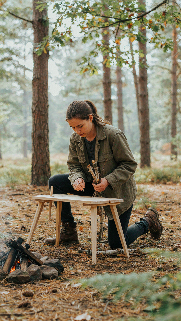 A person quickly takes apart a simple camp table, using a pin to bundle kindling.