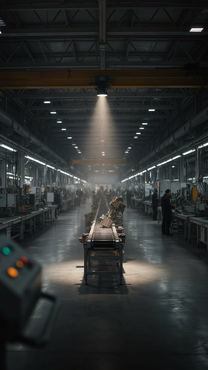 A spotlight shines on a narrow bottleneck in a factory assembly line.