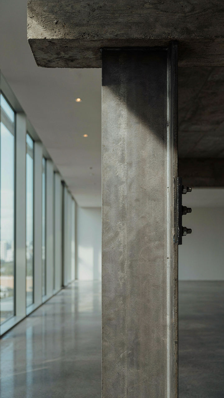 A strong metal beam supports a heavy load in a modern building.