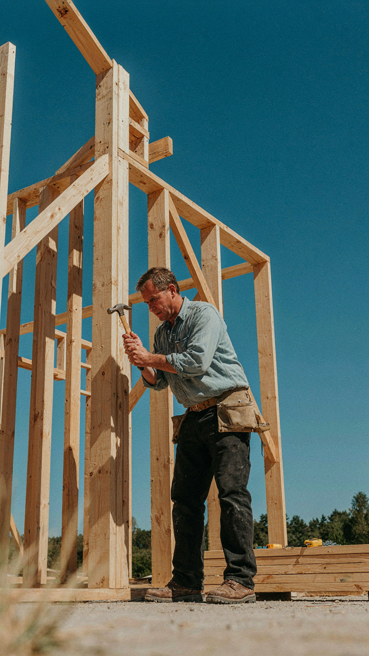 A sturdy, minimalist wooden house frame is being built under a clear sky.