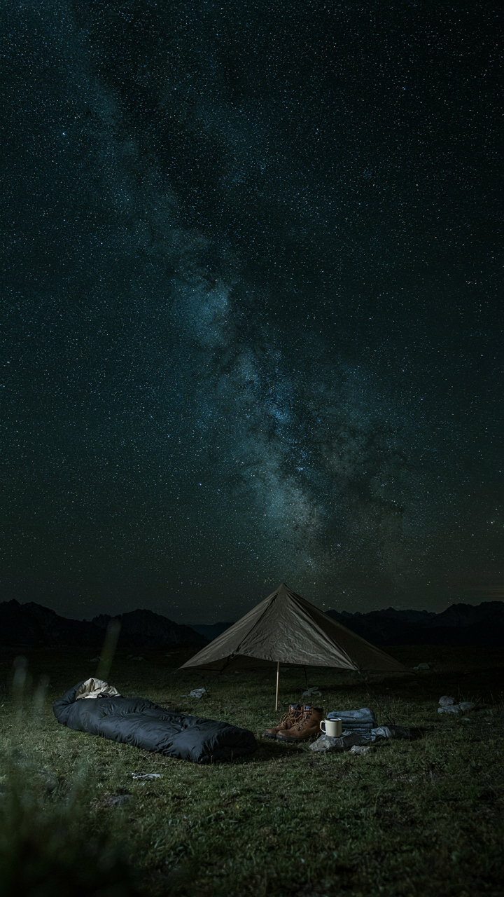 A minimalist camping setup with a sleeping bag and tarp under stars.