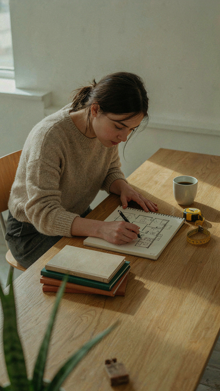 A person sketches a detailed floor plan on a notepad.