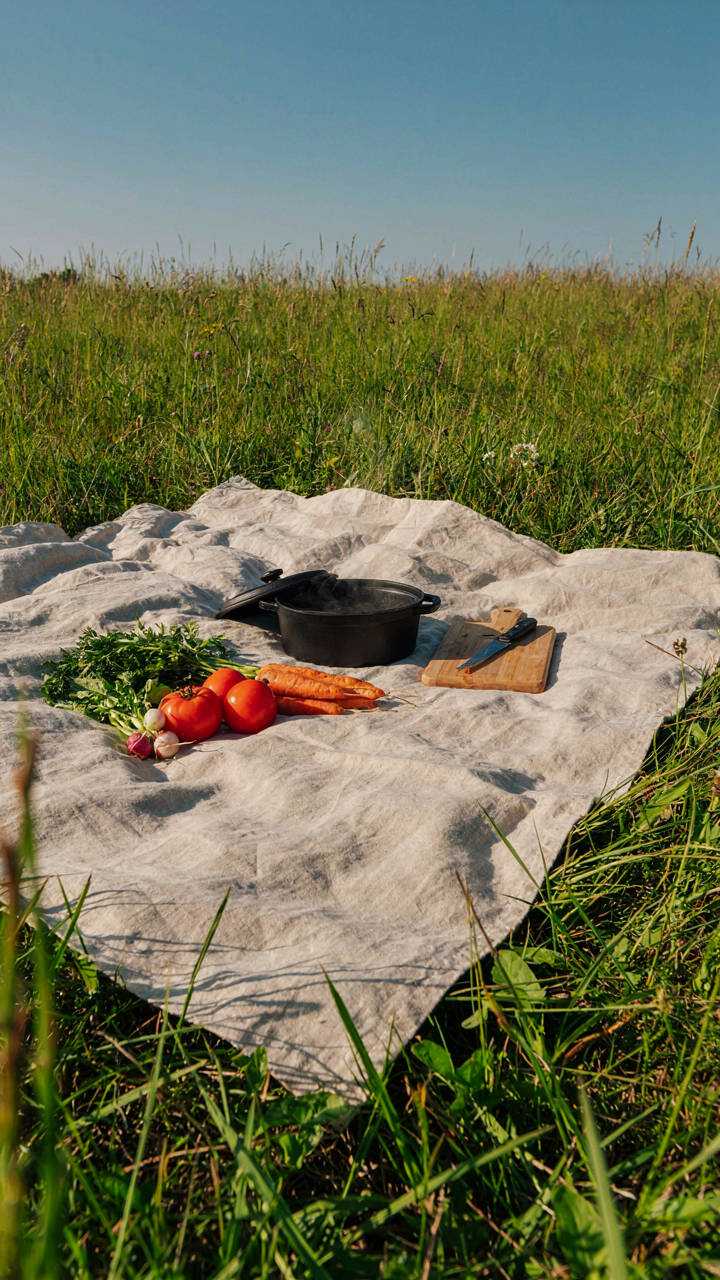 Simple outdoor cooking tools and ingredients arranged on a blanket.