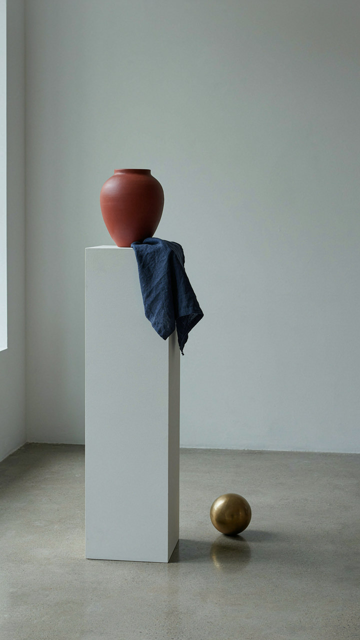 A minimalist art installation features few objects on a white pedestal.
