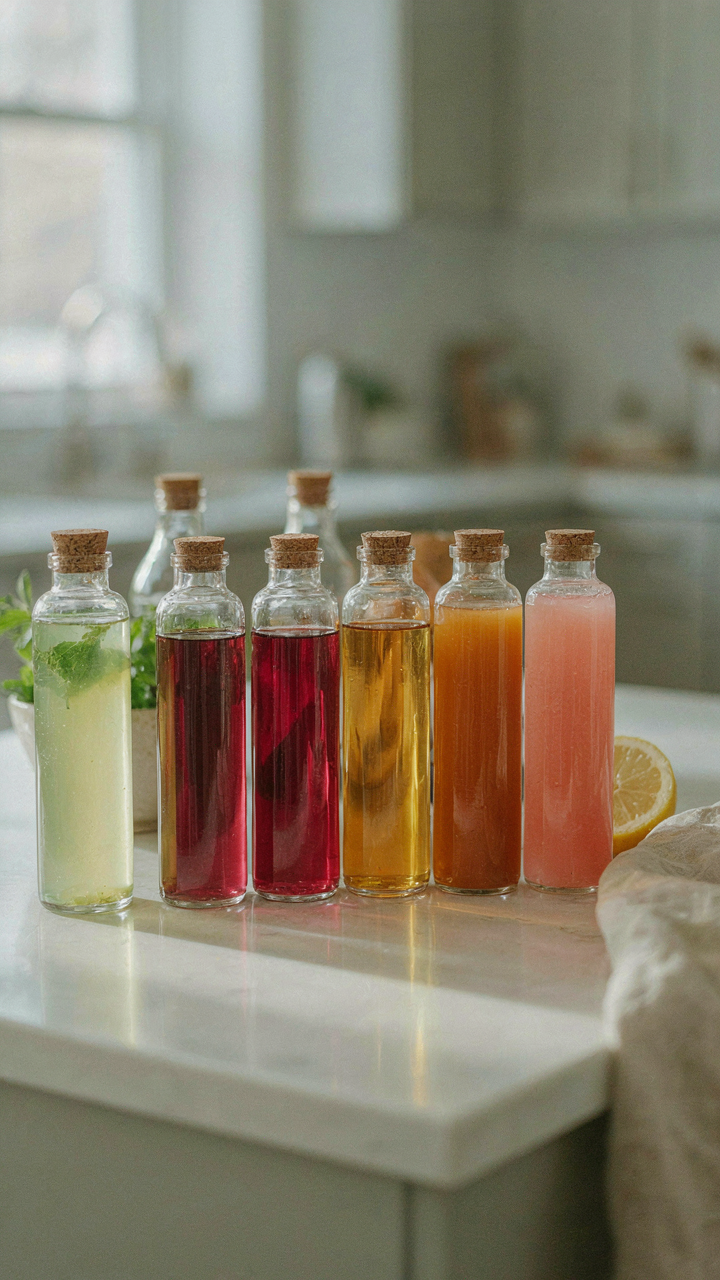 Clear bottles of pre-batched mocktail components on a kitchen counter.